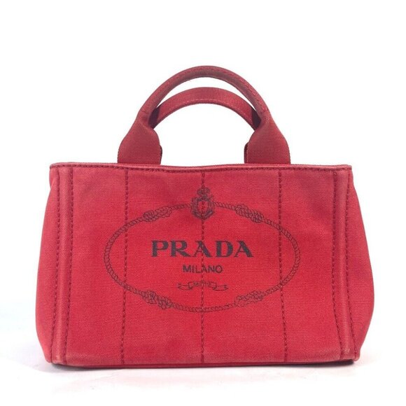 PRADA Logo Plate Canapa CANAPA MINI Hand Bag Tote Bag Canvas Red - Picture 1 of 16